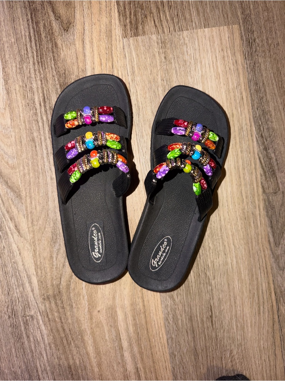 Black Slide Sandals with Multicolor Beaded Straps